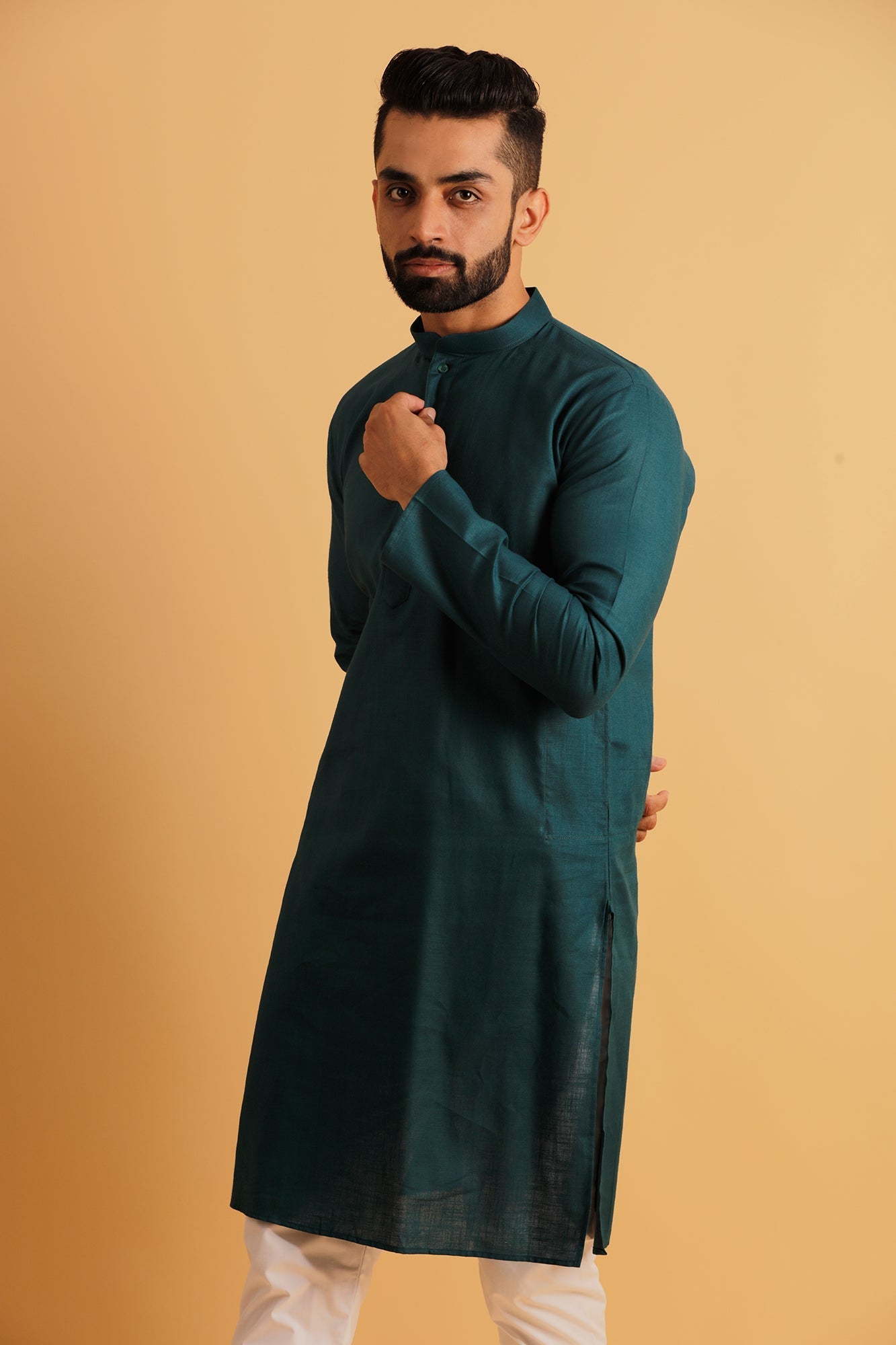 Men Green Geometric Cold-Shoulder Sleeves Thread Work Kurta